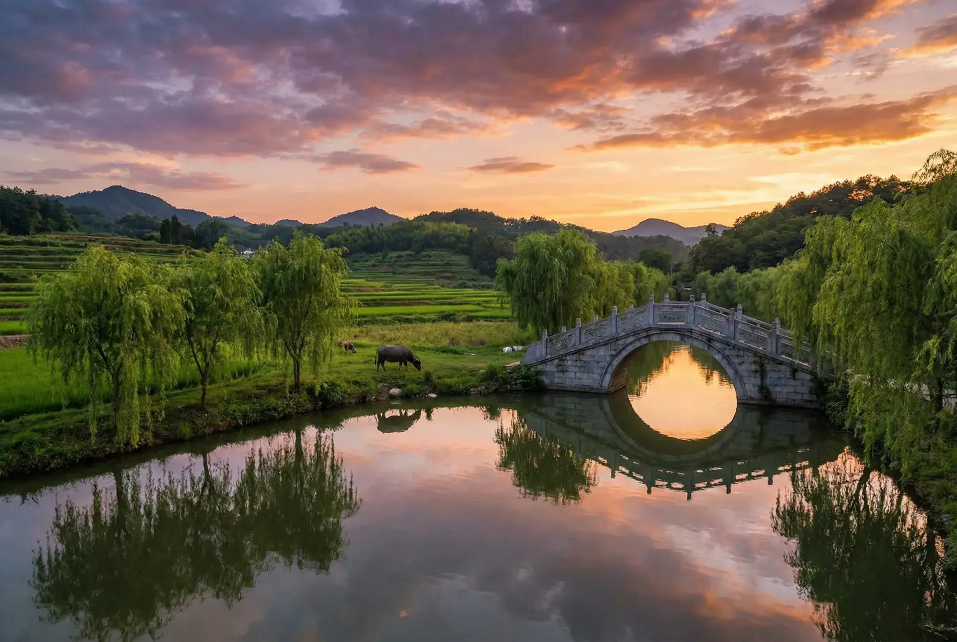 夕阳下的石拱桥与垂柳，水牛在河边吃草 - B N д e o 美国 乡村美景